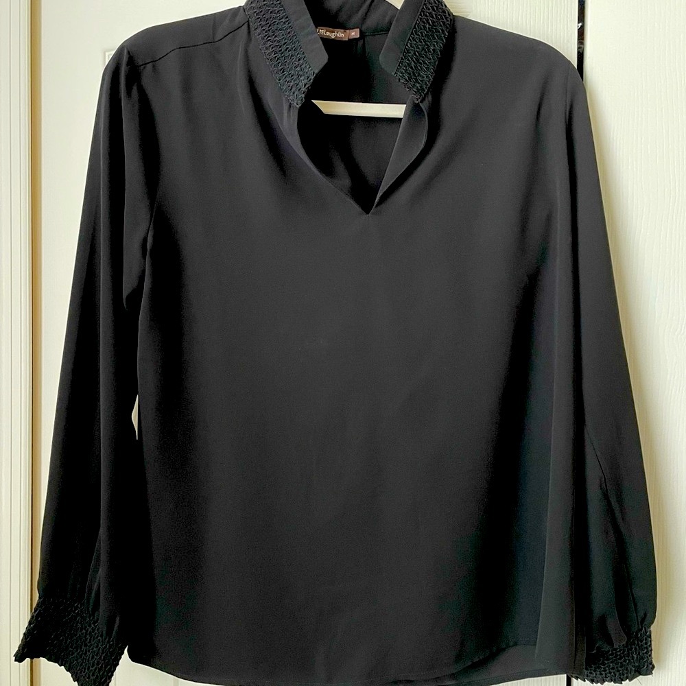 NWOT J. McLaughlin Black Blouse with Smocked Details